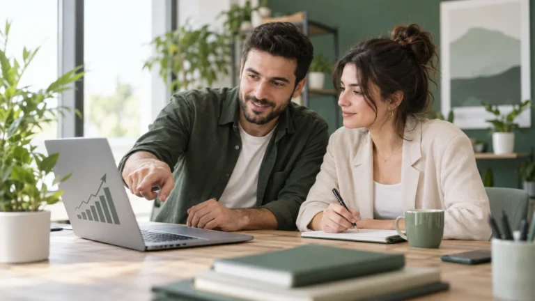 Dizüstü bilgisayarda SEO planlaması yapan iki kişi